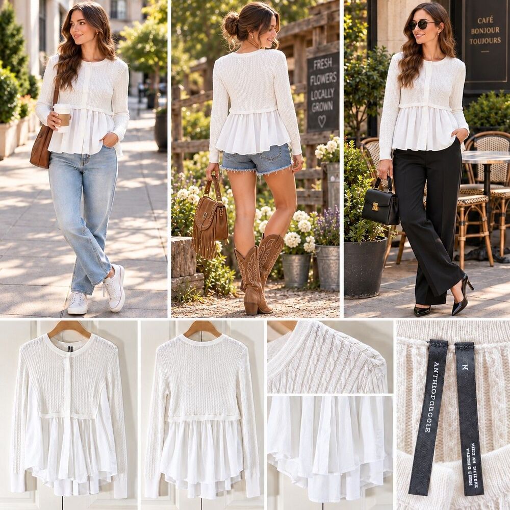 By Anthropologie Twofer Cable Cardigan Sweater Women M White Coquette Babydoll